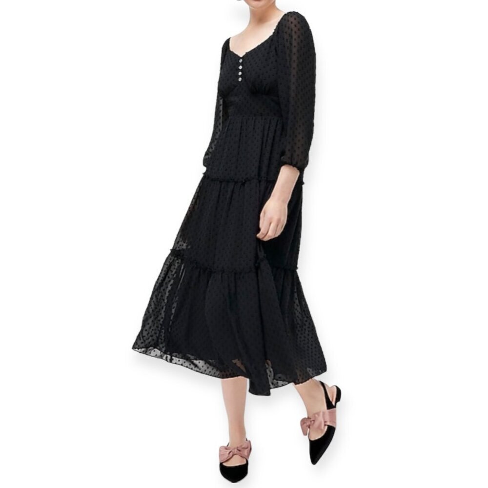 J.Crew Swiss Dot Tiered Midi Dress Black Long Sleeve Sheer Size 2 NWT
